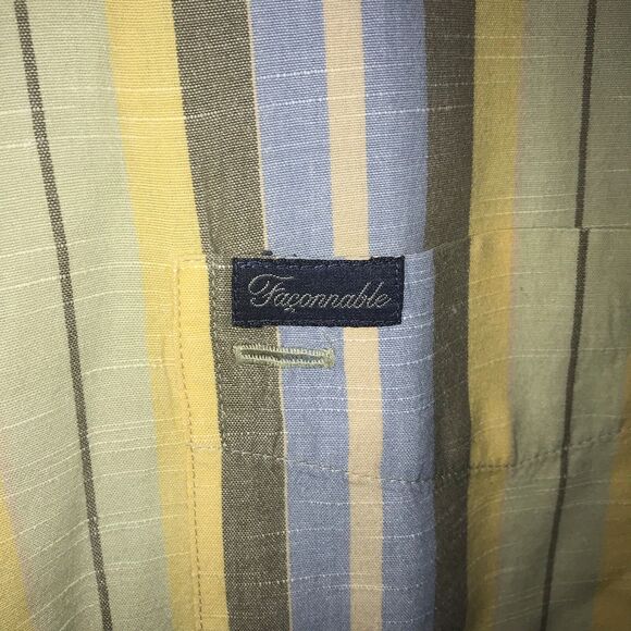 Faconnable Men's Casual Shirt Large Stripe Yellow Blue Grey Button Short Sleeve - Picture 4 of 11